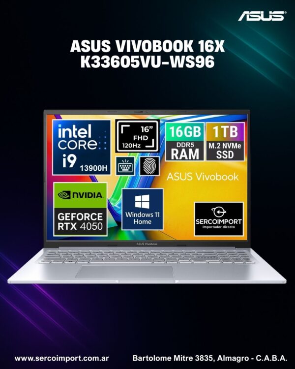 Notebook Asus Vivobook K3605 16" FHD+ 120Hz i9 13900H 1Tb 16gb RTX 4050
