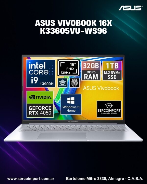 Notebook Asus Vivobook K3605 16" FHD+ 120Hz i9 13900H 1Tb 32gb RTX 4050