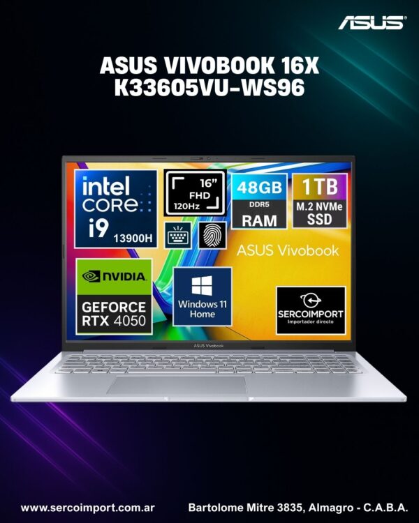 Notebook Asus Vivobook K3605 16" FHD+ 120Hz i9 13900H 1Tb 48gb RTX 4050
